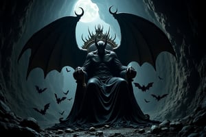 Amidst the darkness of a damp cave, moonlight seeps through crevices above, casting an eerie glow on the humanoid vampyric bat, 'King of the Shadows', perched upon a decrepit throne. The monarch's ancient, ornate crown glimmers with macabre grandeur, as black wings sprout from its back like darkened tree branches. A swarm of normal-sized bats flit around the throne, their leathery wings beating in unison as they pay homage to the King's unfathomable power and regal mystique.,aidmaMJ6.1