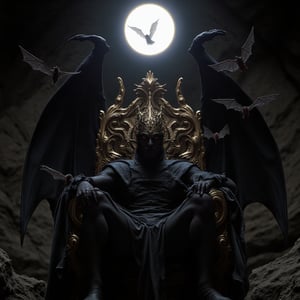 In a dark and gloomy cave, dimly lit my moonlight from above, a humanoid vampyric bat, sits upon a throne as king.  its crown is ancient and gothic, black wings protrude from its back.  Other normal size bats fly around the thrine and king, paying homage to its might and majesty., photorealistic