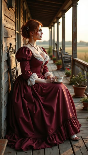 A curvaceous mature woman, with silvery red hair, from the 19th century sits gracefully on her rustic wooden porch, surrounded by the warm glow of a late afternoon sun. She wears an elegant, antebellum-style dress with a fitted bodice that accentuates her waist and full, flowing skirts cascading to the floor. The fabric is a rich shade of deep burgundy, adorned with delicate lace trim at the cuffs and neckline. Her chestnut brown hair is styled in soft, loose waves, pinned up elegantly but with a few strands framing her serene face. She holds a delicate porcelain teacup in one hand, gazing out into the distance with a peaceful, contemplative expression. The porch, weathered and charming, is adorned with flower pots and rocking chairs, and the distant fields stretch out beyond her view, adding to the tranquil ambiance. Her posture is relaxed, yet poised, as she enjoys a quiet moment, lost in her thoughts.