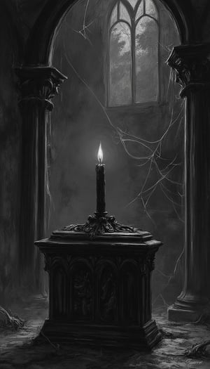 A single black candle burns atop an old gothic style sarcophagus in an eerie, gloomy, and dimly lit chamber.  Old whispy spider webs linger in the corners of the room.  Spooky  Art Drawing