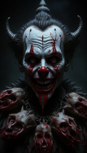 A sinister and ominous clown, smile carved by a jagged blade, teeth sharp and pointy, make up runny and smeared, eyes dark and vile.  The clown is wearing bloody decapitated human heads like a necklace.  The atmosphere is dark, gloomy, eerie, and ghostly. ,FluxBoost,aidmafluxpro1.1