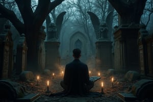 In an eerie, old gothic-style cemetery, a young man sits inside of a simple ceremonial circle of protection holding a spirit board in his lap to conjur the dead, he is surrounded by several lit black candles that emit an eerie glow. The towering stone angels and twisted, ancient trees loom ominously over him, casting long shadows in the dim evening light. Peering out of the dark around him are ominous disembodied spectral shapes and shadows.