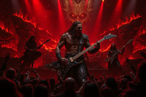 Death metal chaos erupts on a massive stage, bathed in intense red and black lighting that casts ominous shadows on the musicians. The lead vocalist, clad in leather and spikes, unleashes raw fury into the microphone, sweat pouring down his face as veins bulge with effort. Guitarist shreds brutal riffs on a black guitar adorned with demonic symbols while bassist thrashes long hair amidst thunderous rhythm. Drummer pounds with precision behind a wall of double bass drums and cymbals. Behind them, flames and skulls backdrop fuels the menacing atmosphere. A thousand metalheads mosh and headbang in unison, devil horns raised, lost in primal energy as blast beats and growls shake the ground beneath their feet.,aidmafluxpro1.1