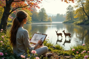 First person view, holding a sketchboard, sitting in nature by a peaceful lake on a beautiful spring day, observing a doe and her two spotted fawns drinking from the water from a distance.  The scene is partly revealed on the sketchpad.  The landscape around is lush with vibrant trees and blooming flowers, exuding elegance and natural beauty. The atmosphere is cheerful, filled with the fresh, warm energy of spring.  Octane render, ray tracing, photorealism, ultra-detail, 16K.