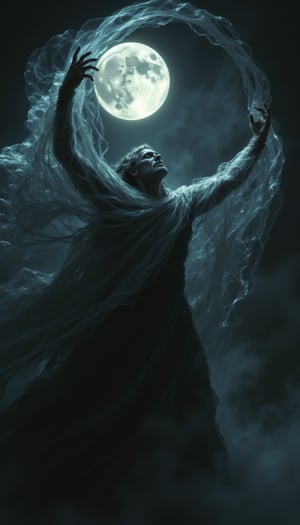 A powerful mature sorceress, FEMALE,  is summoning a great storm, arms are raised high above her head, wind twists and turns around her, wearing a see-through, translucent gown, full moon, eerie, dark, ominous, terrifying, ethereal, dreamy,aidmafluxpro1.1, photorealism