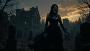 A hauntingly dark scene unfolds: a succubus stands amidst a foreboding, abandoned graveyard at dusk. The setting sun casts long, ominous shadows across the crumbling headstones. Her eyes glow with an otherworldly light, as she poses with an air of malevolent intent, her grotesque features twisted in a wicked grin. The atmosphere is heavy with dark energy, as if the very darkness itself has taken physical form.,aidmafluxpro1.1