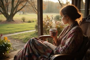 A warm morning dawns as I sit comfortably on my weathered porch, cradling a steaming hot cup of coffee in my hands. The aroma fills the air, mingling with the sweet scent of blooming flowers and fresh-cut grass. I gaze out at the serene landscape, feeling the gentle breeze rustle my hair as I sip my morning brew.