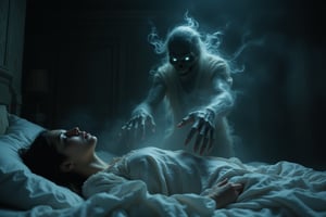 A malicious spirit hovers menacingly over the bed of a young woman, who lies sleeping under a dim, moonlit room. The spectral figure has a twisted, translucent form with elongated, bony fingers that are slowly reaching toward her throat. Its face is a shadowy void, yet faint, malicious eyes gleam with cruel intent. Wisps of dark mist trail from its body, swirling in the air above her. The woman's expression is serene, completely unaware of the impending danger. The room is silent, save for the faint hum of the night air, as the spirit inches closer, its ghostly hands poised to grasp her throat. The atmosphere is thick with dread, as the spirit’s malevolent energy seems to distort the space around it.,aidmafluxpro1.1