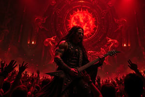 Death metal chaos erupts on a massive stage, bathed in intense red and black lighting that casts ominous shadows on the musicians. The lead vocalist, clad in leather and spikes, unleashes raw fury into the microphone, sweat pouring down his face as veins bulge with effort. Guitarist shreds brutal riffs on a black guitar adorned with demonic symbols while bassist thrashes long hair amidst thunderous rhythm. Drummer pounds with precision behind a wall of double bass drums and cymbals. Behind them, flames and skulls backdrop fuels the menacing atmosphere. A thousand metalheads mosh and headbang in unison, devil horns raised, lost in primal energy as blast beats and growls shake the ground beneath their feet.,aidmafluxpro1.1