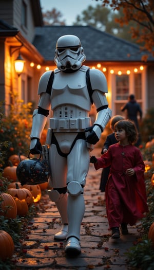 A Star Wars stormtrooper, in full white armor, walks through a suburban neighborhood on Halloween night, going trick-or-treating. Instead of a traditional pumpkin, the trooper carries Darth Vader’s helmet, repurposed as a candy bucket, its dark, glossy surface filled to the brim with colorful sweets. The stormtrooper’s helmet is slightly tilted, giving him a playful, almost mischievous look as he approaches a house decorated with cobwebs, glowing jack-o'-lanterns, and flickering lights. The eerie glow from nearby porch lights reflects off his armor, creating a striking contrast between his futuristic, pristine appearance and the festive, spooky atmosphere around him. Kids in various costumes—witches, ghosts, and superheroes—run around, but the stormtrooper stands out as he proudly lifts the Darth Vader helmet, ready for more candy.,aidmafluxpro1.1