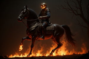 Headless horseman, firery pumpkin with a sinister expression, riding his horse with flaming hooves, dark, gloomy, eerie, ominous, sinister, and spooky atmosphere.  Photorealism, Extremely Realistic, more detail XL