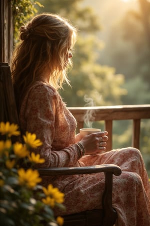 A warm morning dawns as I sit comfortably on my weathered porch, cradling a steaming hot cup of coffee in my hands. The aroma fills the air, mingling with the sweet scent of blooming flowers and fresh-cut grass. I gaze out at the serene landscape, feeling the gentle breeze rustle my hair as I sip my morning brew.