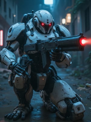 mecha, A cyborg lit by a spot light, hoding a gun at city, his eyes come out red light, his body colour is mix of white and blue.,SPOT