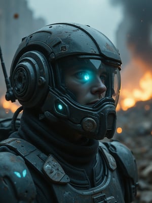 A close-up shot of a mecha-wearing soldier's helmet, focusing on the futuristic translucent visor and Mecha design. The man's face is illuminated by the soft glow of his arm-mounted communication device as he urgently contacts his commander. In the background, a chaotic battle scene unfolds with explosions, smoke, and debris-filled air. The framing emphasizes the helmet's sleek design and the subject's intense expression.