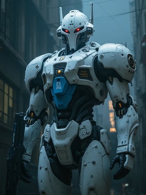 A cyborg mecha, bathed in the intense glow of a spotlight, holds a gun steady as it surveys the cityscape. Its eyes, aglow with an eerie red light, seem to pierce through the darkness. The fusion of white and blue hues on its body gives it a metallic sheen, as if infused with urban energy.