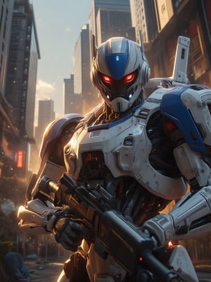 Close-up shot of a mecha cyborg standing amidst a cityscape, bathed in the warm glow of a spotlight. The subject's eyes gleam bright red as he holds a gun at the ready. His torso appears to be a blend of white and blue metallic components, giving off a futuristic sheen. The camera zooms in on the mecha's intense gaze, spotlighting his cybernetic features.