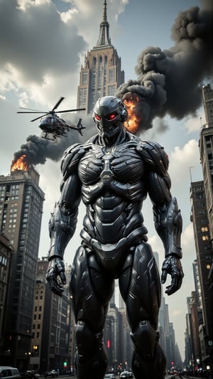 A dramatic, cinematic scene unfolds: the Empire state building, a colossal robot towers over the urban landscape, its massive metallic hand crushing a toy-like helicopter in a vice grip. The whirring rotors blur before a fiery explosion erupts, sending flames and smoke billowing upwards as nearby skyscrapers stand agape in stunned admiration. the robot is running behind the Empire State building