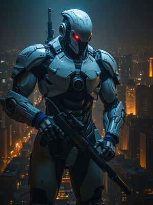 Mecha cyborg standing atop a skyscraper in a darkened cityscape, bathed in the intense spotlight's warm glow. His body gleams with a mesmerizing blend of white and blue hues as he grips a gun firmly in his hand. Red light emanates from his eyes, casting an eerie beam across the urban landscape.