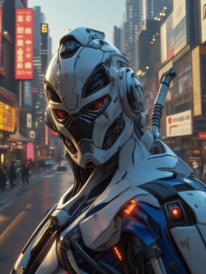 Close-up shot of a mecha cyborg standing amidst a cityscape, bathed in the warm glow of a spotlight. The subject's eyes gleam bright red as he holds a gun at the ready. His torso appears to be a blend of white and blue metallic components, giving off a futuristic sheen. The camera zooms in on the mecha's intense gaze, spotlighting his cybernetic features.