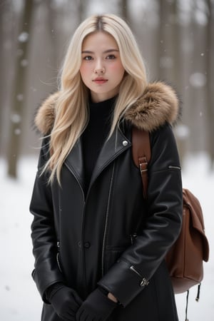 Captured at eye-level, a blonde woman stands in a winter scene, her hair cascades over her shoulders. She is dressed in a black leather jacket, a brown leather backpack, and black gloves. Her coat is adorned with a brown fur hood, adding a touch of warmth to her outfit. The background is blurred, creating a stark contrast to the woman's outfit.