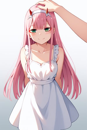 1girl, zero two (darling in the franxx), solo, long hair, pink hair, red horns, bangs, green eyes, detailed eyes, red pupil, smile, arm behind back, sundress, blush, flush, gradient background, vibrant color saturation, precise image, expressive eyes, perfect anatomy, score_9, score_8_up, score_7_up, pleasured expression,headpat, pov hands