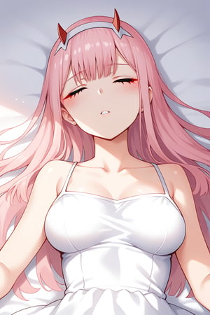 1girl, zero two (darling in the franxx), solo, long hair, pink hair, red horns, bangs, white background, perfect anatomy, score_9, score_8_up, score_7_up, white sundress, pleasure_expression, alluring face, clear colors, vibrant saturation, dim lighting, shadow, hard light, relaxing, blushing, flushed, blushing, laying_down, on bed, laying_on_bed, on back, from above, closed_eyes, parted_lips, looking up, portrait, face, face focused, face