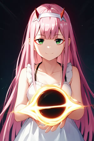 zero two (darling in the franxx), 1girl, solo, long hair, pink hair, red horns, bangs, green_eyes, blush, smile, sundress, half_close_eyes, holding, holding black hole, big black hole, black hole in hand, nothing background, vibrant color saturation, precise image, beautiful face, expressive eyes, perfect anatomy, score_9, score_8_up, score_7_up, score_6_up, score_5_up, score_4_up