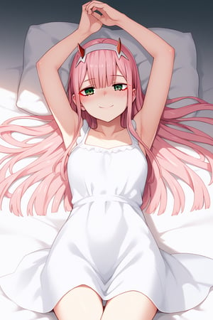 1girl, zero two (darling in the franxx), solo, long hair, pink hair, red horns, bangs, green eyes, detailed eyes, red pupil, laying down, on bed, smile, sundress, blush, flush, gradient background, vibrant color saturation, precise image, expressive eyes, perfect anatomy, score_9, score_8_up, score_7_up, pleasured expression,headpat, pov hands, arm above head