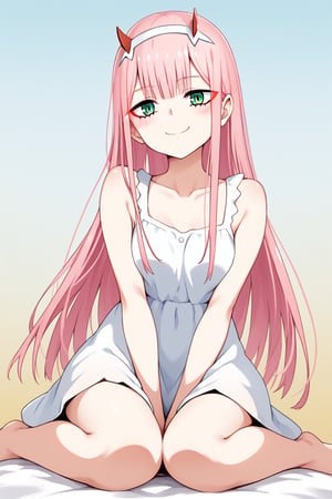 1girl, zero two (darling in the franxx), solo, long hair, pink hair, red horns, bangs, green eyes, detailed eyes, red pupil, sundress, blush, flush, happy face, dynamic angle, from below, on bed, hand between legs, gradient background, vibrant color saturation, precise image, expressive eyes, perfect anatomy, score_9, score_8_up, score_7_up, wariza,w sitting