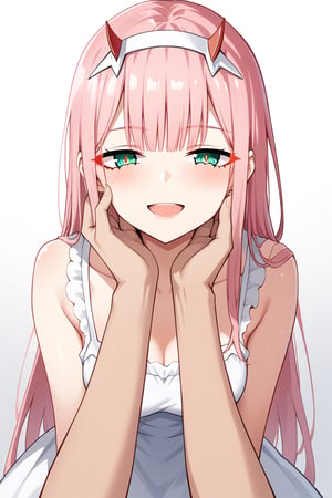 1girl, zero two (darling in the franxx), solo, long hair, pink hair, red horns, bangs, green eyes, detailed eyes, red pupil, blush, sundress, flush, simple background, precise image, expressive eyes, perfect anatomy, petite girl, score_9, score_8_up, score_7_up, smile, face focus, open_mouth, hand_on_another's_face, hand_on_another's_cheek, male_pov, pov, 