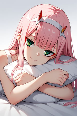 1girl, zero two (darling in the franxx), solo, long hair, pink hair, red horns, bangs, green eyes, detailed eyes, red pupil, smile, sundress, blush, flush, gradient background, vibrant color saturation, precise image, expressive eyes, perfect anatomy, score_9, score_8_up, score_7_up, pleasured expression,head rest arm rest, pillow