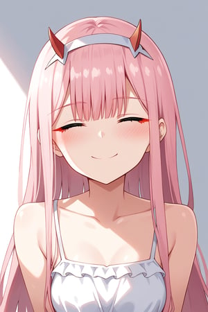 1girl, zero two (darling in the franxx), solo, long hair, pink hair, red horns, bangs, blushing, flushed, simple background, perfect anatomy, petite girl, score_9, score_8_up, score_7_up, white sundress, pleasure_expression, alluring face, clear colors, vibrant saturation, dim lighting, shadow, hard light, dynamic pose, face, face focus, closed_eyes, close up, facing_viewer, smile, head tilt, looking up