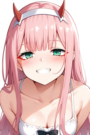 1girl, zero two (darling in the franxx), solo, long hair, pink hair, red horns, bangs, blush, flush, simple background, perfect anatomy, score_9, score_8_up, score_7_up, white sundress, pleasure_expression, alluring face, clear colors, vibrant saturation, dim lighting, shadow, hard light, relaxing, blushing, flushed, smile, face, face focus, green_eyes, close view, face focus, mouth_open, standing