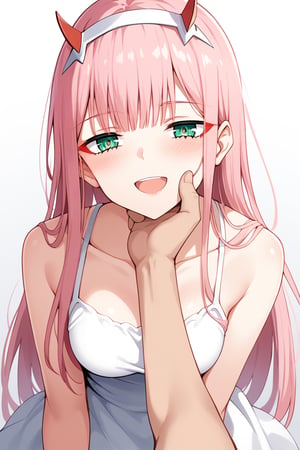 1girl, zero two (darling in the franxx), solo, long hair, pink hair, red horns, bangs, green eyes, detailed eyes, red pupil, blush, sundress, flush, simple background, precise image, expressive eyes, perfect anatomy, petite girl, score_9, score_8_up, score_7_up, smile, face focus, open_mouth, hand_on_another's_face, hand_on_another's_cheek, male_pov, pov, 