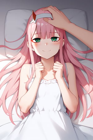 1girl, zero two (darling in the franxx), solo, long hair, pink hair, red horns, bangs, green eyes, detailed eyes, red pupil, laying down, on bed, smile, sundress, blush, flush, gradient background, vibrant color saturation, precise image, expressive eyes, perfect anatomy, score_9, score_8_up, score_7_up, pleasured expression,headpat, pov hands