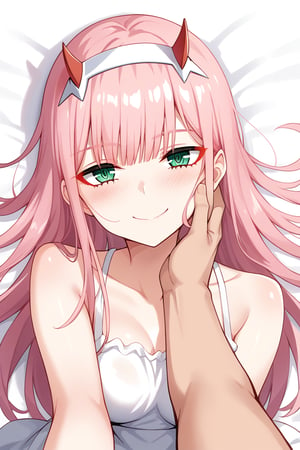 1girl, zero two (darling in the franxx), solo, long hair, pink hair, red horns, bangs, green eyes, detailed eyes, blush, sundress, flush, simple background, precise image, expressive eyes, perfect anatomy, petite girl, score_9, score_8_up, score_7_up, laying_down, pov, smile, face focus, head tilt, face, neck, shoulders, face focus, face focus, pleasure_face, hand_on_another's_face, hand_on_another's_cheek, hand_on_another's_face, male pov, 