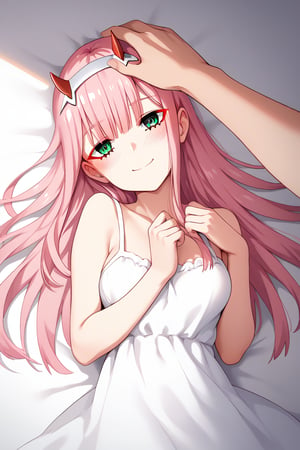 1girl, zero two (darling in the franxx), solo, long hair, pink hair, red horns, bangs, green eyes, detailed eyes, red pupil, laying down, on bed, smile, sundress, blush, flush, gradient background, vibrant color saturation, precise image, expressive eyes, perfect anatomy, score_9, score_8_up, score_7_up, pleasured expression,headpat, pov hands, head tilt