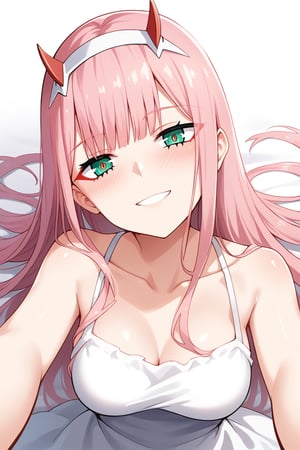 1girl, zero two (darling in the franxx), solo, long hair, pink hair, red horns, bangs, green eyes, detailed eyes, blush, sundress, flush, simple background, precise image, expressive eyes, perfect anatomy, petite girl, score_9, score_8_up, score_7_up, laying_down, pov, smile, face focus, head tilt, face, neck, shoulders, face focus, face focus, pleasure_face 