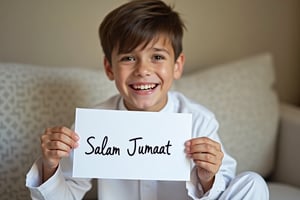 malay boy wearing kurta pajama white colour and setting on a sofa and smiling and too much too much gaps in him teeths hold card write "Salam Jumaat" in script font
