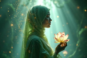 A surreal, anatomically correct hijab-clad woman, intertwined with a luminous lotus and jade elements. The scene is bathed in ethereal sunlight, with fluorescent particles and glowing lines tracing her form. Her silhouette is layered and complex, breaking the art of cutting. The background is a mesmerizing fractal, with reverberating light and motion blur. The overall aesthetic is a stunning blend of surrealism and artistic abstraction, capturing the fleeting beauty of a frozen moment.