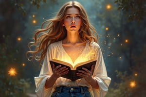 Ally gazes in awe, her mouth slightly open in wonder, as magic lingers in the air around her. She holds a mysterious, glowing book (1:1) that seems to pulse with life, its pages shimmering with ethereal light. Dressed in comfortable blue jeans and a flowing white top, her full-body shot captures both her casual style and the enchanting moment. Her expression radiates a mix of curiosity and excitement, reflecting the transformative power of the book she is reading. The setting is infused with a bright, warm color palette that enhances the magical ambiance. Soft lighting bathes the scene, casting gentle shadows that dance around her, creating an intimate and inviting space. Amelia's eyes sparkle with wonder as she connects with the ancient wisdom contained within the book. This moment signifies not just reading but embarking on a journey of discovery and imagination, where she feels a deep sense of belonging to a world filled with possibilities. The artwork is an oil painting rendered in hyper-realistic detail, capturing every nuance of her expression and the enchanting glow of the book. The interplay of light and shadow adds depth, making the magical elements feel alive.