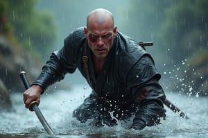 Generate a high-quality, ultra-fine image of a bald warrior emerging from the water, holding a katana, engaged in combat. The warrior should be depicted with lifelike, photorealistic detail (1.37), featuring bright colors and a clear focus. The background should be defocused, with a fantasy theme (1.2) and mystical landscapes. The warrior should be in dynamic poses (1.37), with an intense gaze, exuding extraordinary power and the aura of myth. The color scheme should be predominantly black and red, set on a rainy day. The warrior should have visible wounds on the body, with splashes of water around.