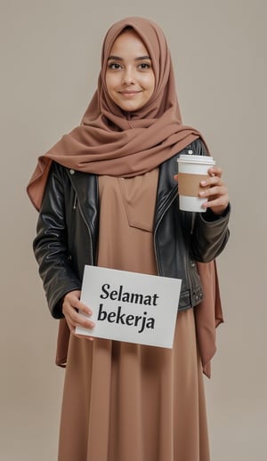 A beautiful girl wear hijab and hoodies with long flowy shawl, wearing a baju kurung dress and a leather jacket, holding a Coffee on her right hand and white sign with the text "Selamat bekerja" on the left hand
