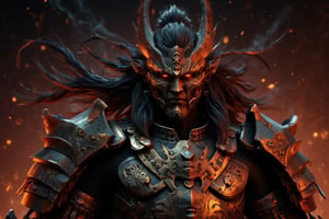 Hyperrealistic portrait of Xiang Yu, legendary Western Chu warlord, 8K resolution. Muscular physique enhanced by intricately detailed ancient Chinese battle armor, each plate showing precise metalwork with dragon motifs and battle weathering. Dynamic pose capturing raw power, armor gleaming with metallic reflections. Face exhibits fierce determination with sharp angular features, intense piercing eyes burning with ambition. Windswept long black hair flowing dramatically, untamed and wild, symbolizing his rebellious spirit. Skin texture shows battle scars and weathering, emphasizing his warrior nature. Traditional Chinese military ornaments with ultra-detailed embossing and worn patina. Dramatic cinematic lighting with strong rim light highlighting armor edges and facial features. Background suggests battlefield atmosphere with volumetric fog and ember particles. Color palette combines rich golds, deep crimsons, and weathered bronze. Style merges historical accuracy with epic fantasy, reminiscent of Dynasty Warriors meets realistic portraiture. Atmospheric perspective creates depth, moody lighting emphasizes commanding presence. Shot composition follows heroic angle, looking slightly upward to emphasize dominance. Masterwork quality, photorealistic texturing with selective focus.