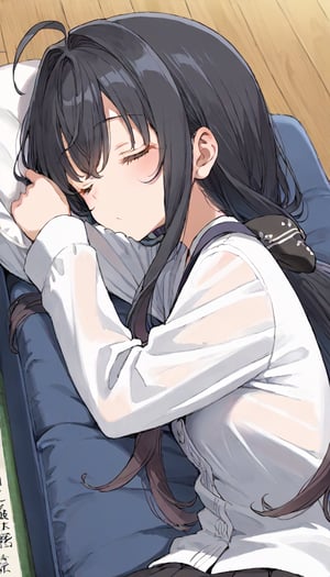 source_anime, nonoa miyamae,  black hair, long hair, ahoge, hair intake,sleeping, long bangs, 