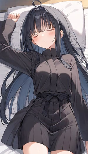 source_anime, nonoa miyamae,  black hair, long hair, ahoge, hair intake,sleeping, long bangs, 