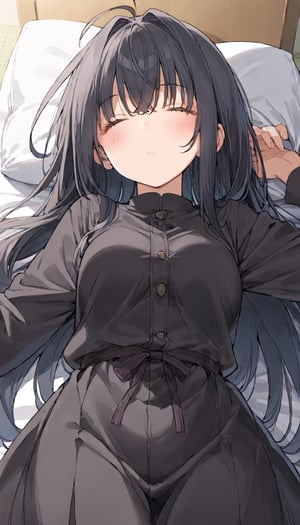 source_anime, nonoa miyamae,  black hair, long hair, ahoge, hair intake,sleeping, long bangs, 