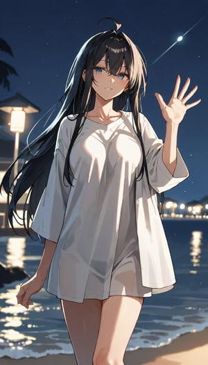 source_anime, nonoa miyamae, black hair, long hair, ahoge, hair intake, long bangs, night,over the sea,  waving, ,score_9, score_8_up, score_7_up, depth of field, natural light, light rays, raytracing, rating: explicit, 
