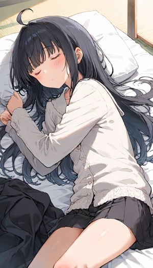 source_anime, nonoa miyamae,  black hair, long hair, ahoge, hair intake,sleeping, long bangs, 