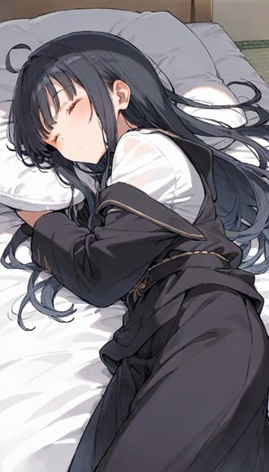 source_anime, nonoa miyamae,1girl,  black hair, long hair, ahoge, hair intake,sleeping, long bangs, 